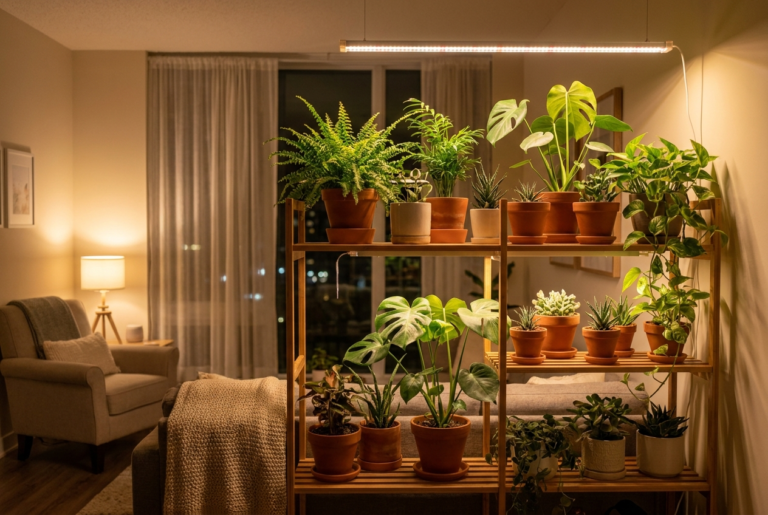 A shelf of houseplants under a warm grow light