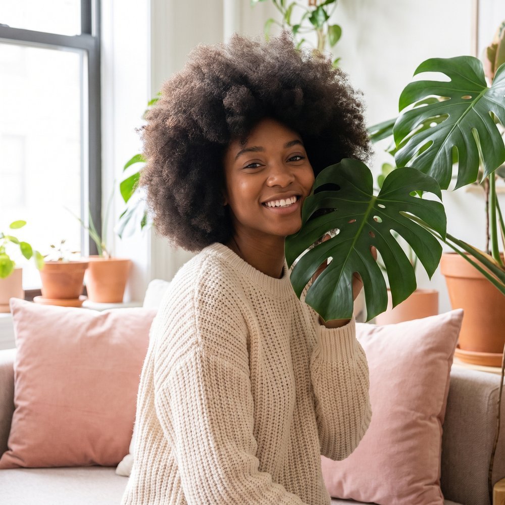 A smiling Black woman with a natural afro holding a monstera leaf beside her face in a plant-filled room