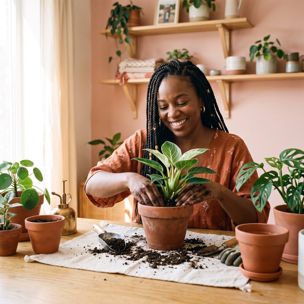 A smiling Black woman with long braids repotting a philodendron at a wooden table