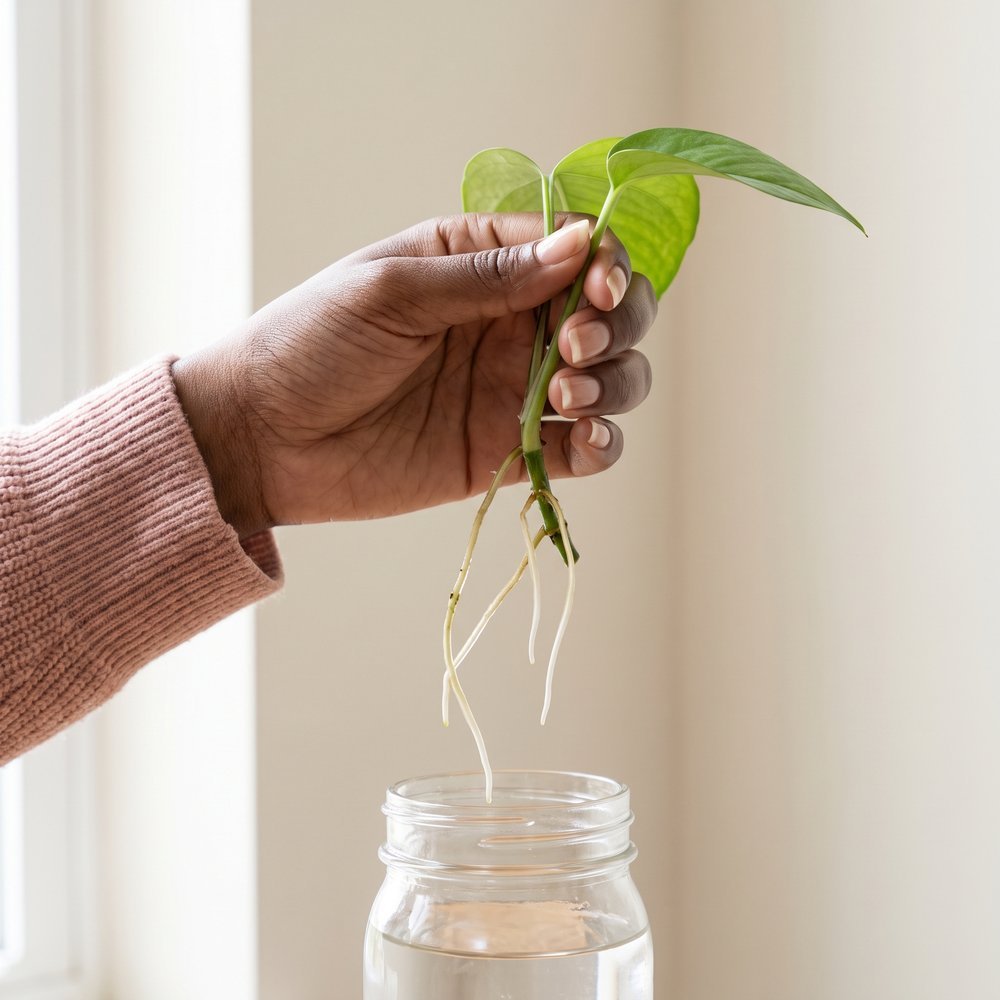 Hands holding a freshly rooted pothos cutting above a glass jar of water