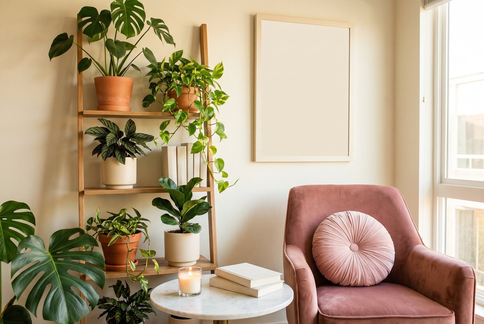 A blush pink velvet armchair beside a ladder shelf of houseplants and a marble side table in a sunlit living room
