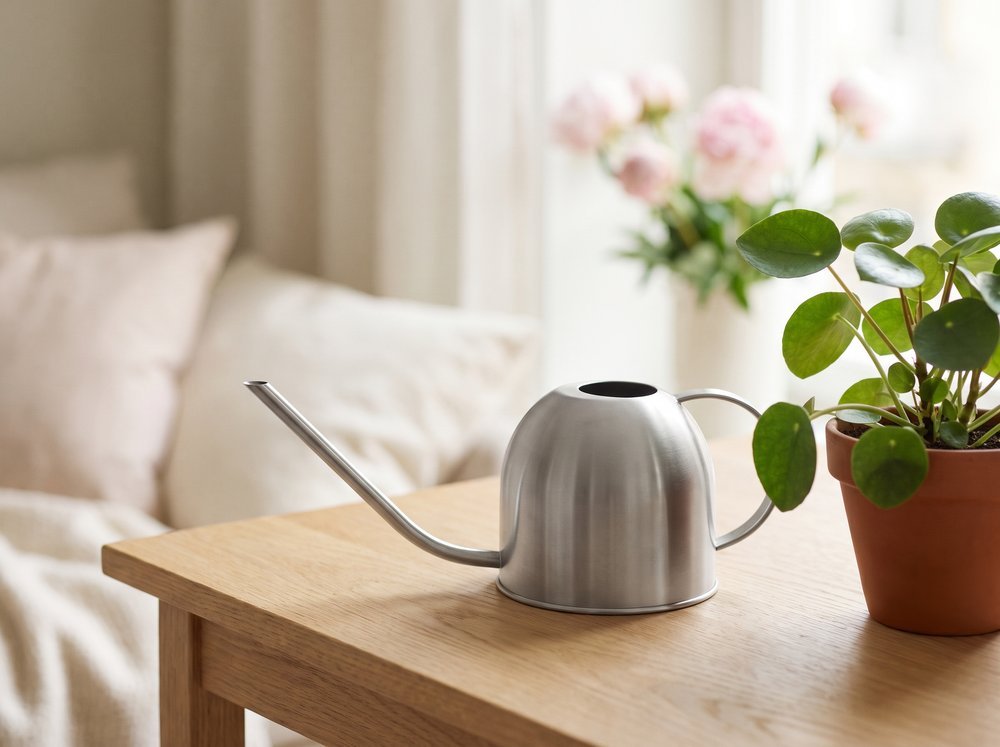 A brushed-silver long-spout watering can next to a small potted peperomia