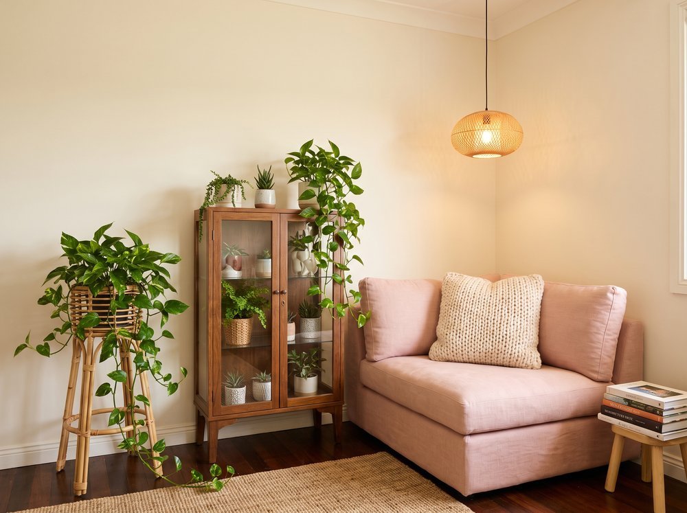 A blush pink sofa corner with a plant cabinet and rattan plant stand