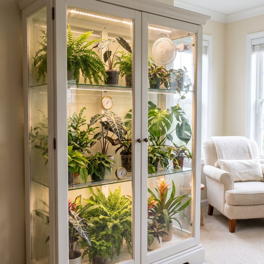 A white glass display cabinet turned greenhouse, packed with plants and lit by LED bars