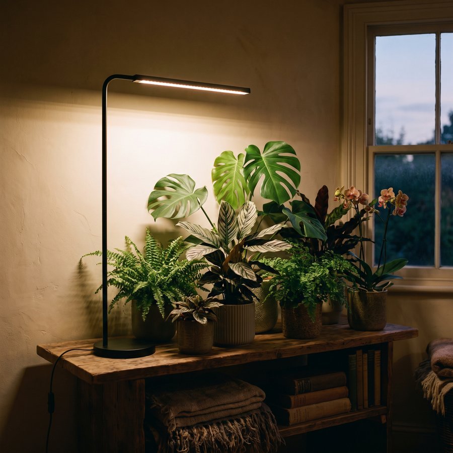 A slim black LED grow lamp lighting a cluster of houseplants on a shelf at dusk