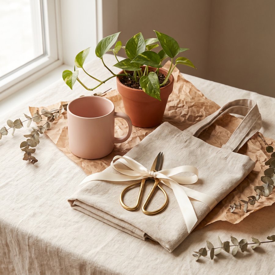 A pink ceramic mug, mini pothos, linen tote and brass snips with a ribbon on a cream surface