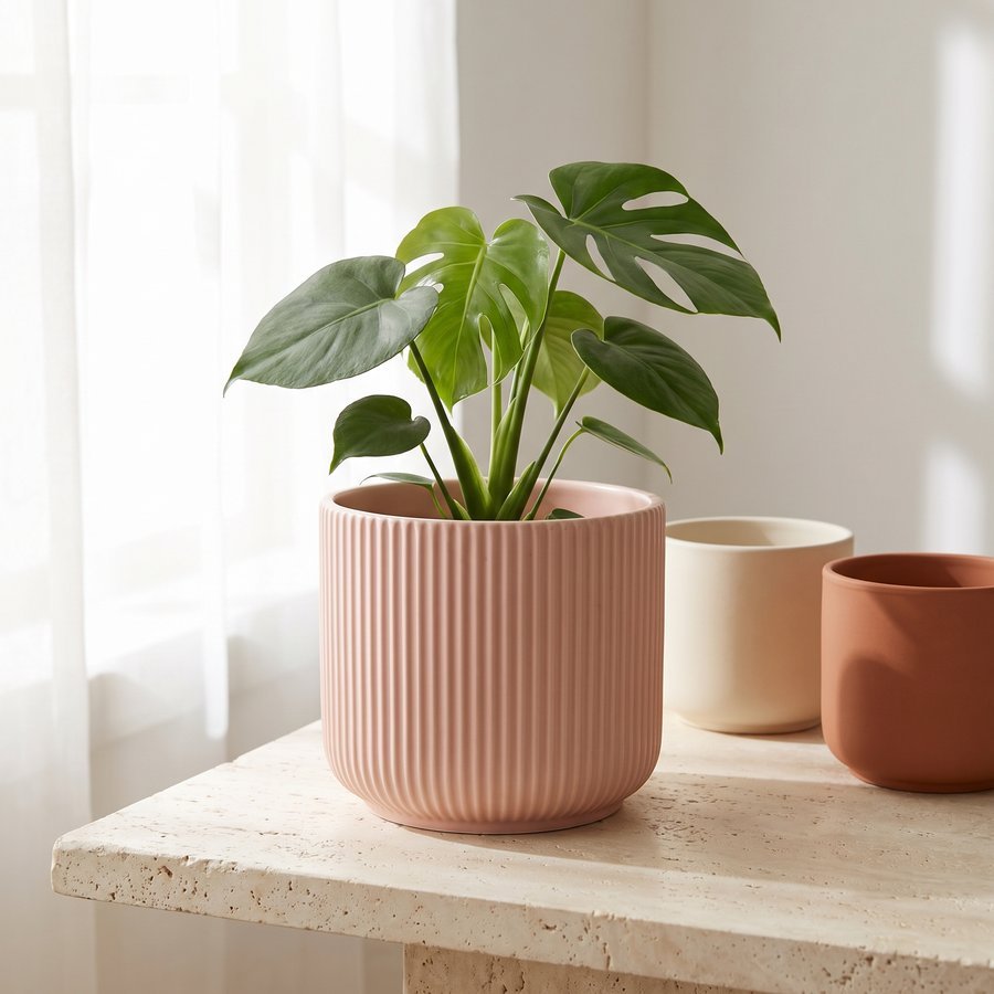 A ribbed blush pink ceramic planter holding a small monstera with cream and terracotta pots behind