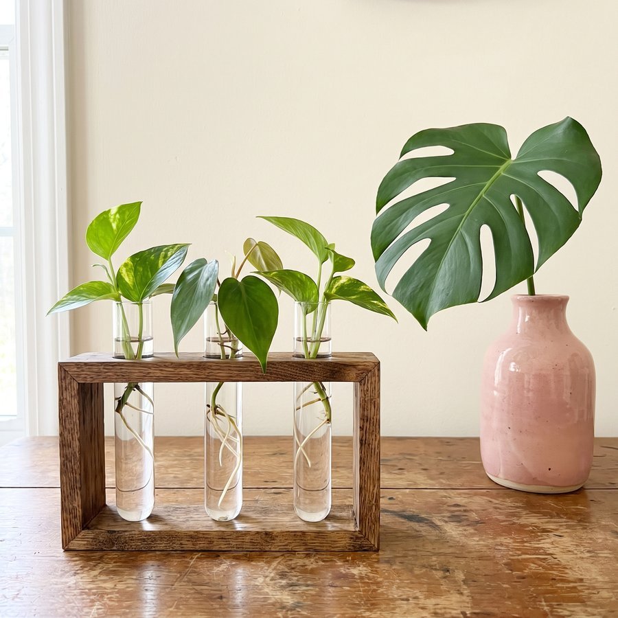 A wooden propagation station with glass tubes of rooting cuttings next to a pink ceramic vase