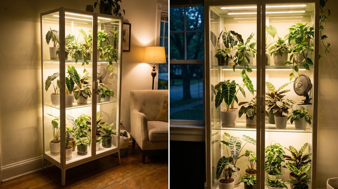 A tall white glass display cabinet converted into an indoor greenhouse, shelves lit by LED grow-light bars