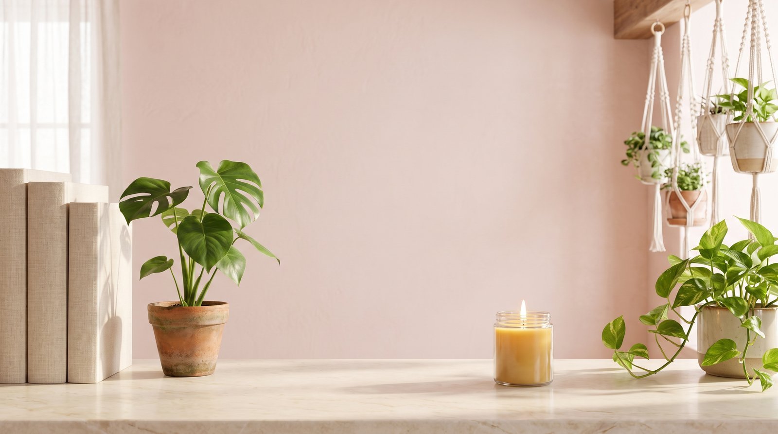A marble counter with linen books, a candle, a monstera and hanging plants against a blush wall