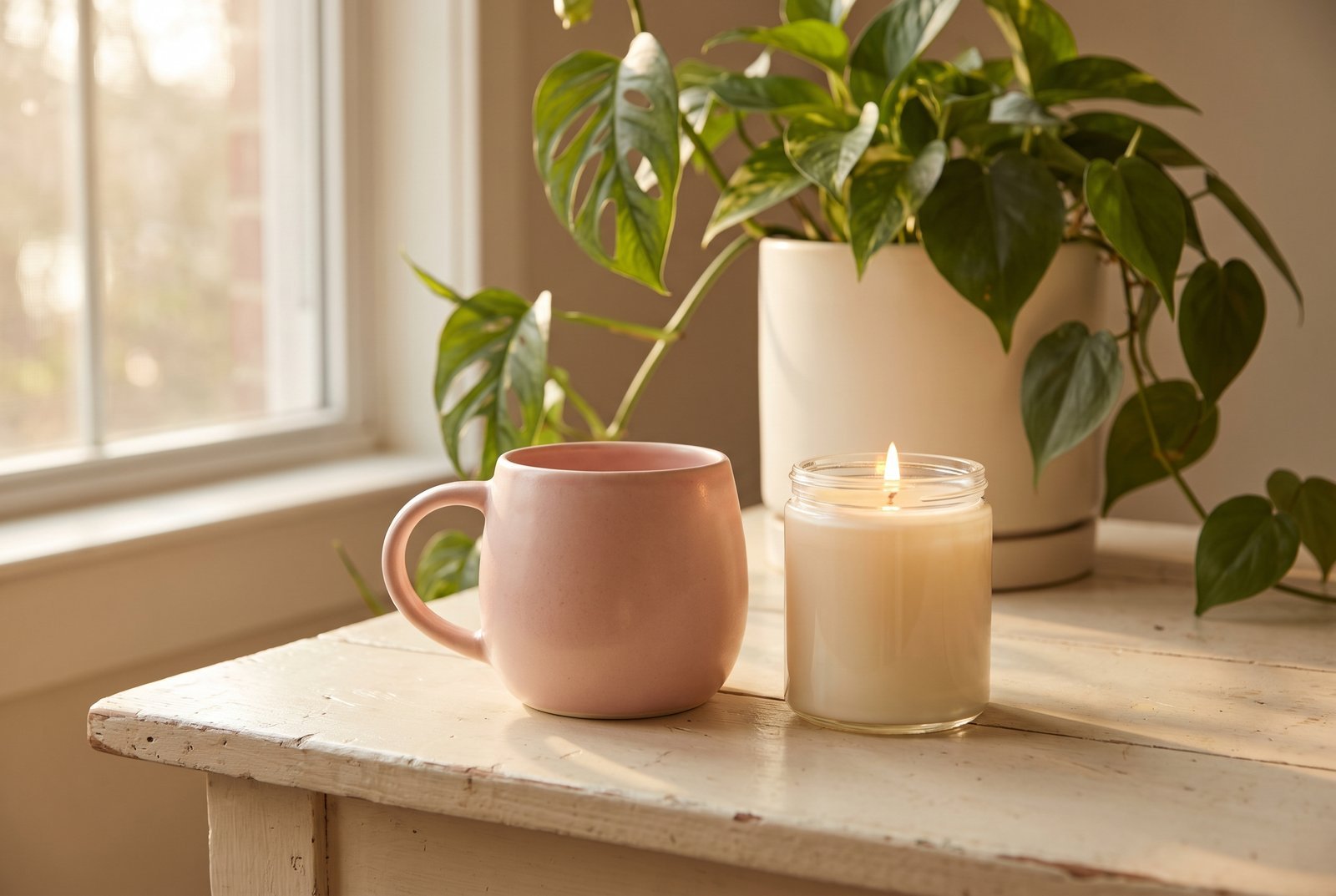 A blush pink mug, a lit candle and a monstera in a cream pot on a sunlit wooden table